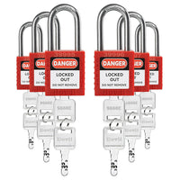 Lockout Tagout Locks Sets, 6 Red Lockout Tagout Safety Padlocks Keyed Different, 2 Keys Per Lock