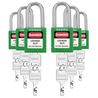 Lockout Tagout Locks Sets, 10 Green Lockout Tagout Safety Padlocks Keyed Different, 2 Keys Per Lock